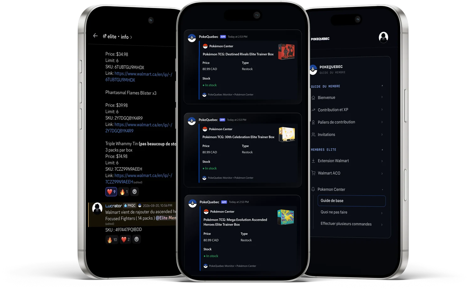 Trois téléphones montrant le salon des drops, trois alertes de restock et le guide du membre